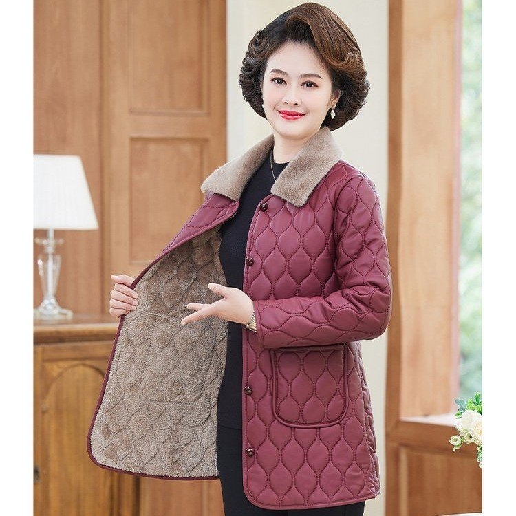 免洗冬季棉衣洋气新款棉袄中年外套加绒加厚中老年PU保暖棉服妈妈