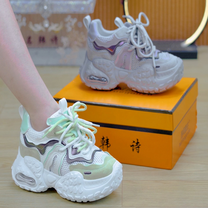 9cm小个子拼色透气厚底老爹鞋女2025夏季系带百搭增高休闲运动鞋