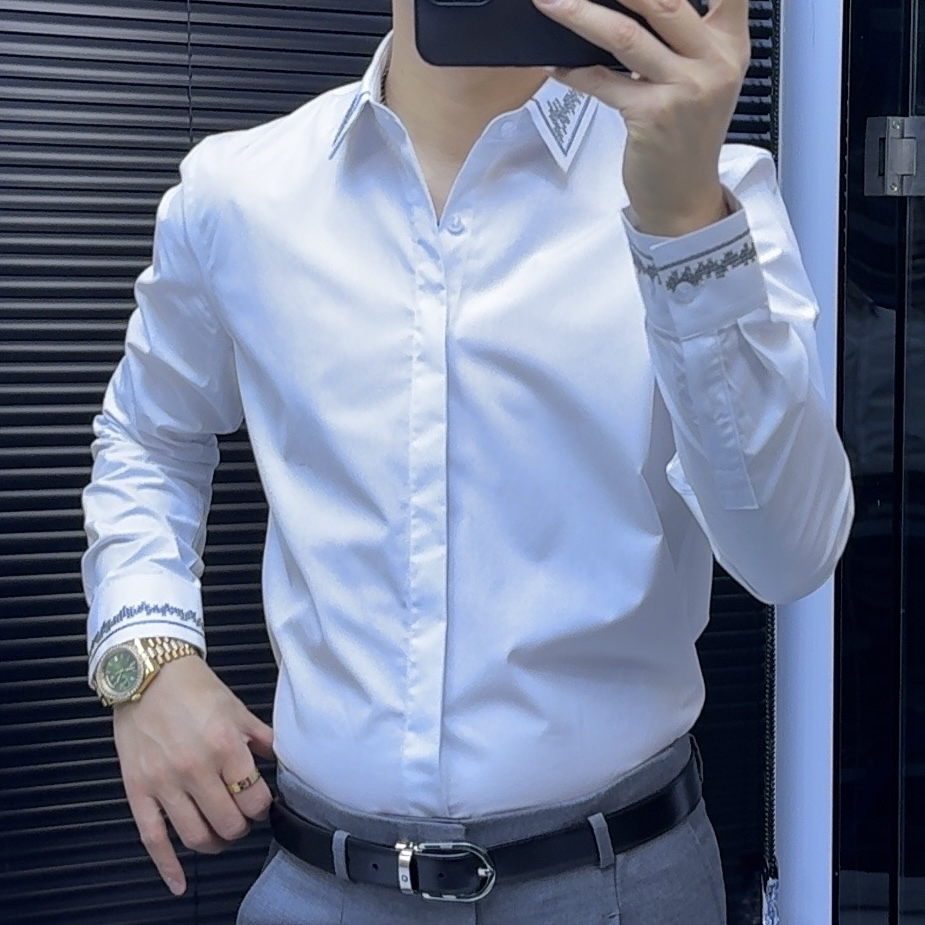 商务休闲刺绣长袖衬衫时尚百搭男士衬衣秋冬款