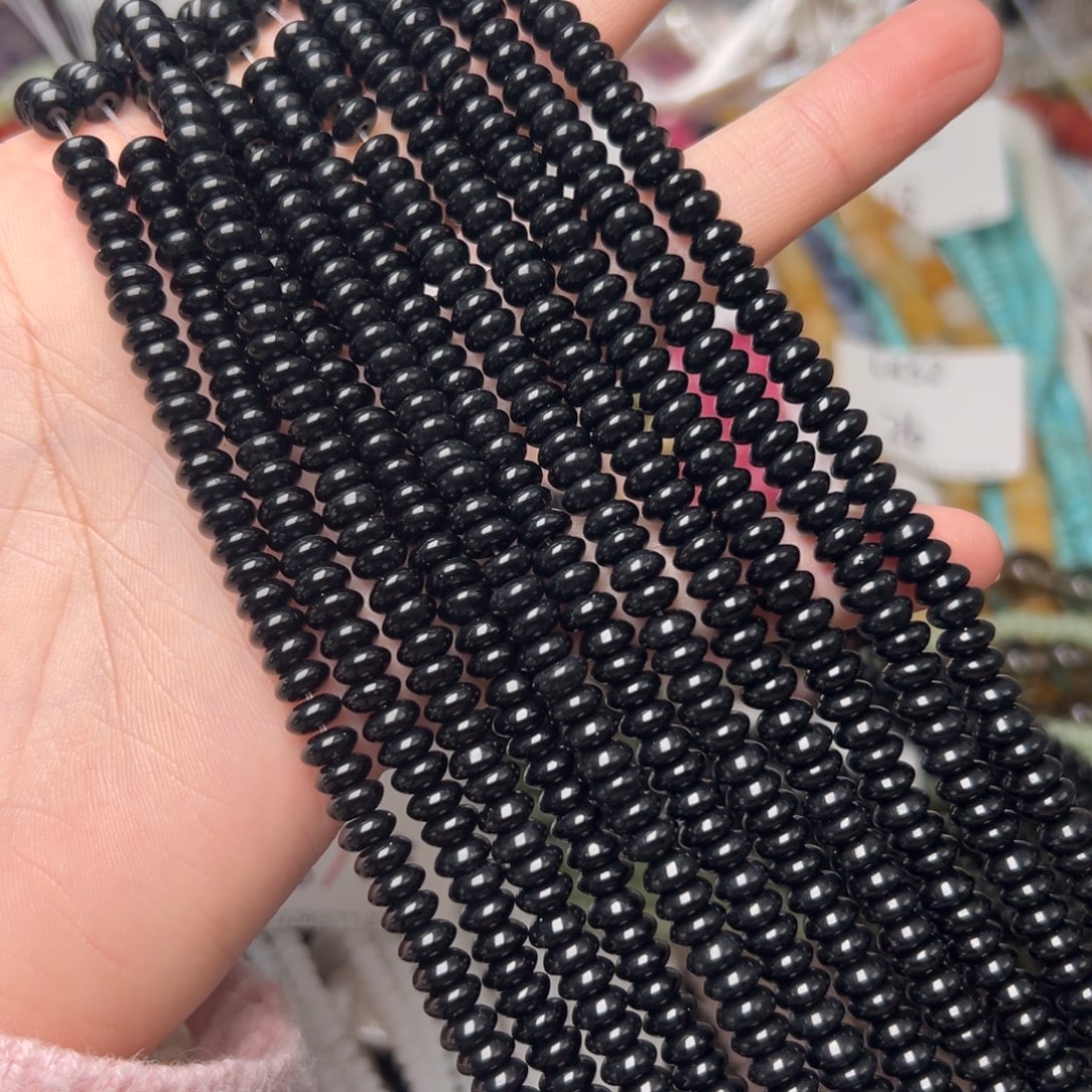 玛瑙/玉髓合金珠宝半成品L464。黑曜石飞碟算盘珠一条