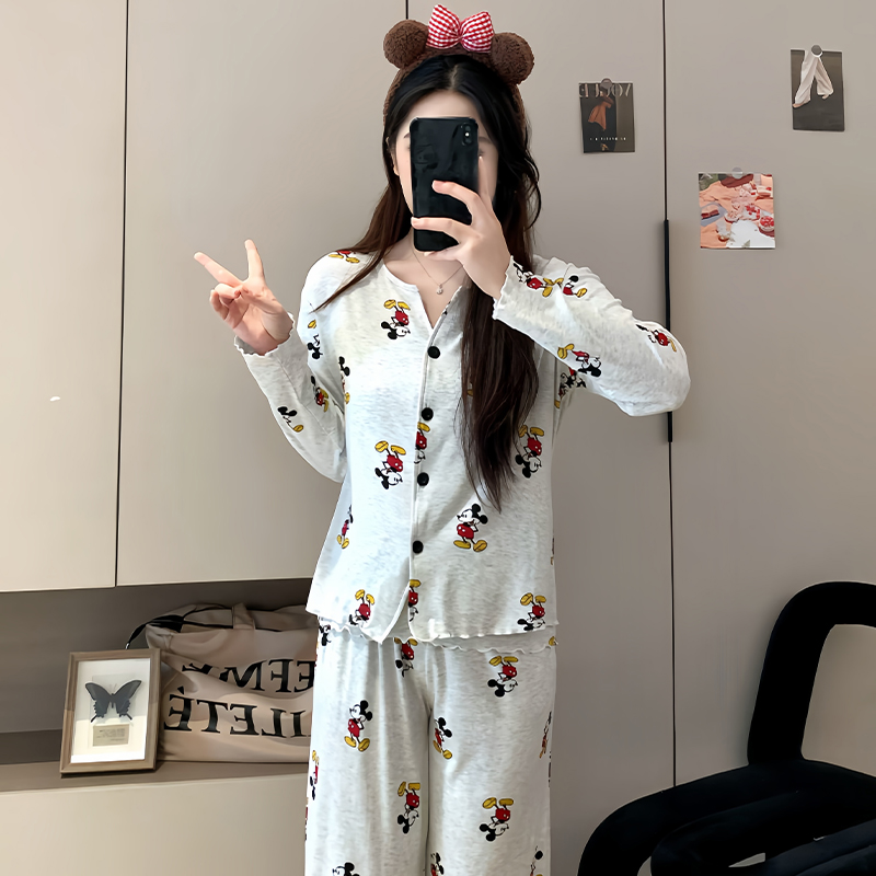 长袖带胸垫睡衣女秋季2025新款卡通三件套甜美可外穿家居服套装