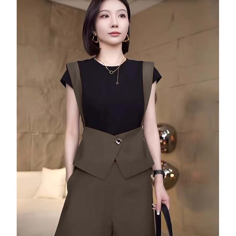 D2157【两件套】女夏季设计感拼接上衣阔腿短裤干练