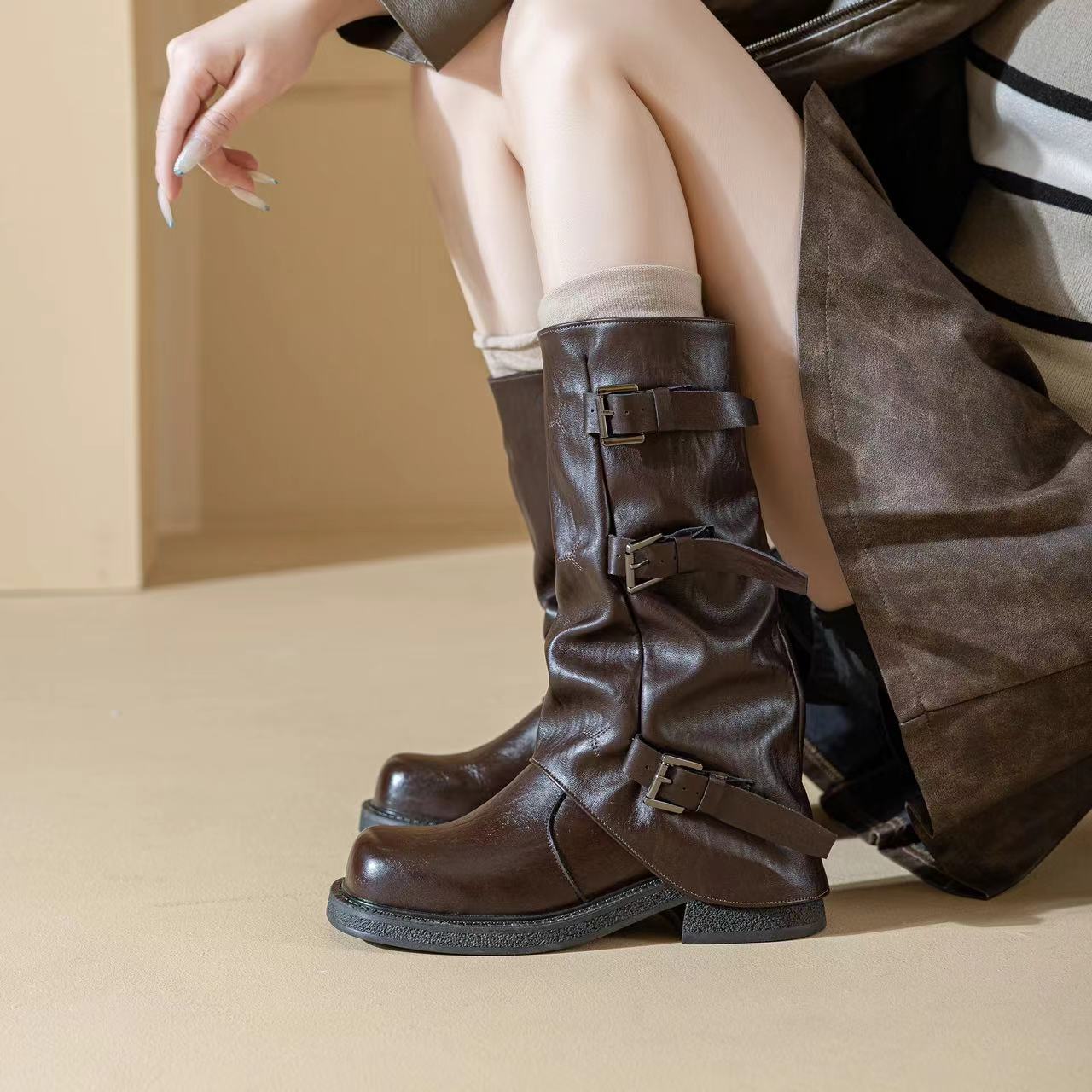 百搭堆堆长筒靴女皮带扣裤管靴女士2025秋冬新款设计感牛仔骑士靴