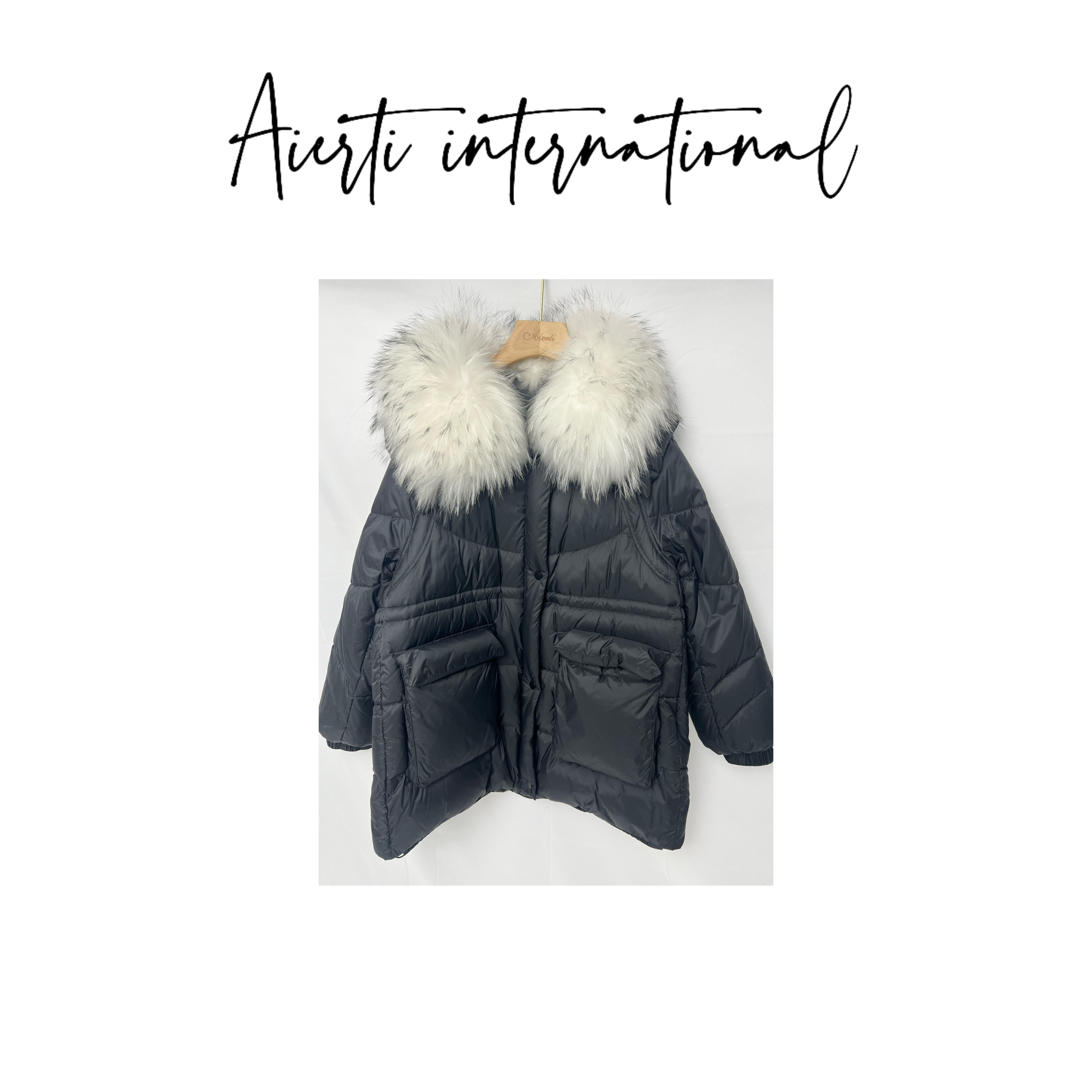 Airti高端御寒黑色羽绒服奢华大毛领设计高蓬松保暖冬日通勤首选