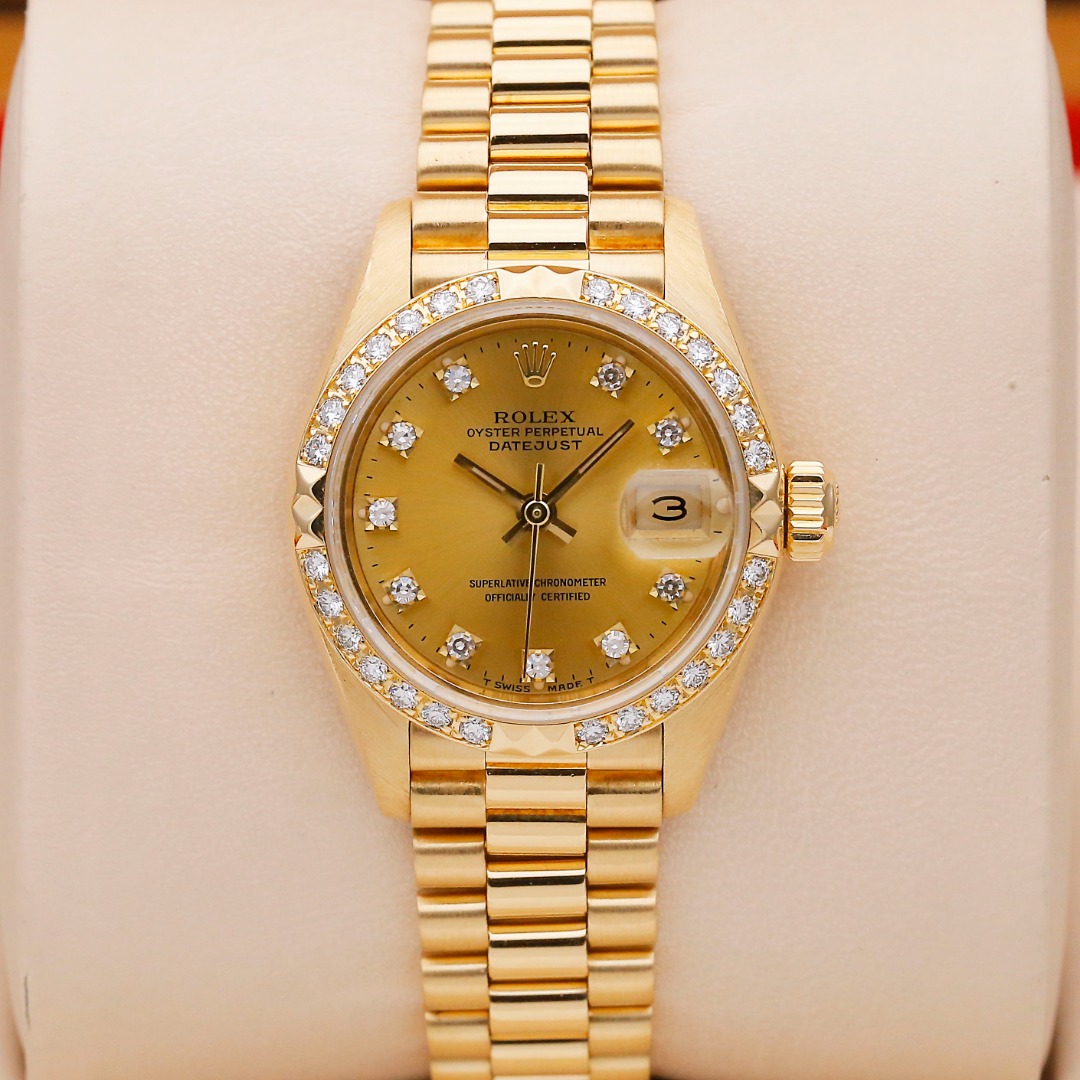 99新 Rolex/劳力士 日志69268/18K黄金原钻26mm自动机械女表单表