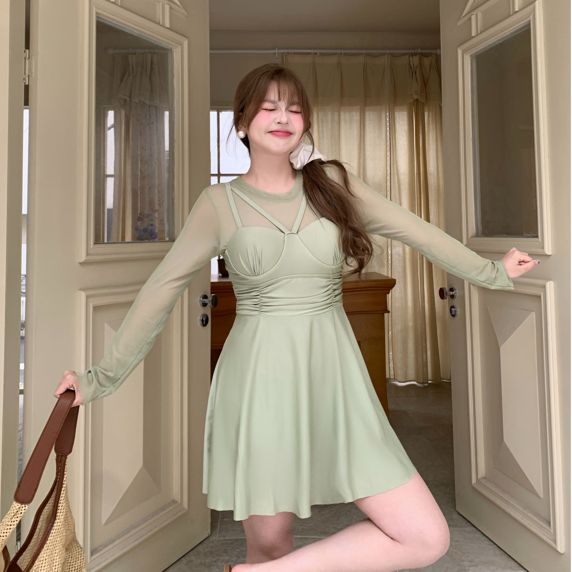 泳衣女士长袖分体裙式泳衣显瘦遮肉适合微胖女孩防晒罩衫温泉泳衣