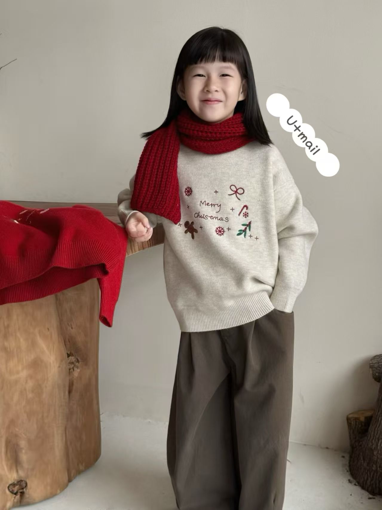 童乐坊家女童韩版圣诞加绒加厚刺绣针织毛衣3322