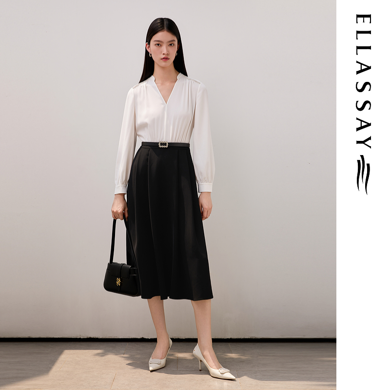 ELLASSAY歌力思2025秋季新款气质V领长袖连衣裙女EWU363Y01300