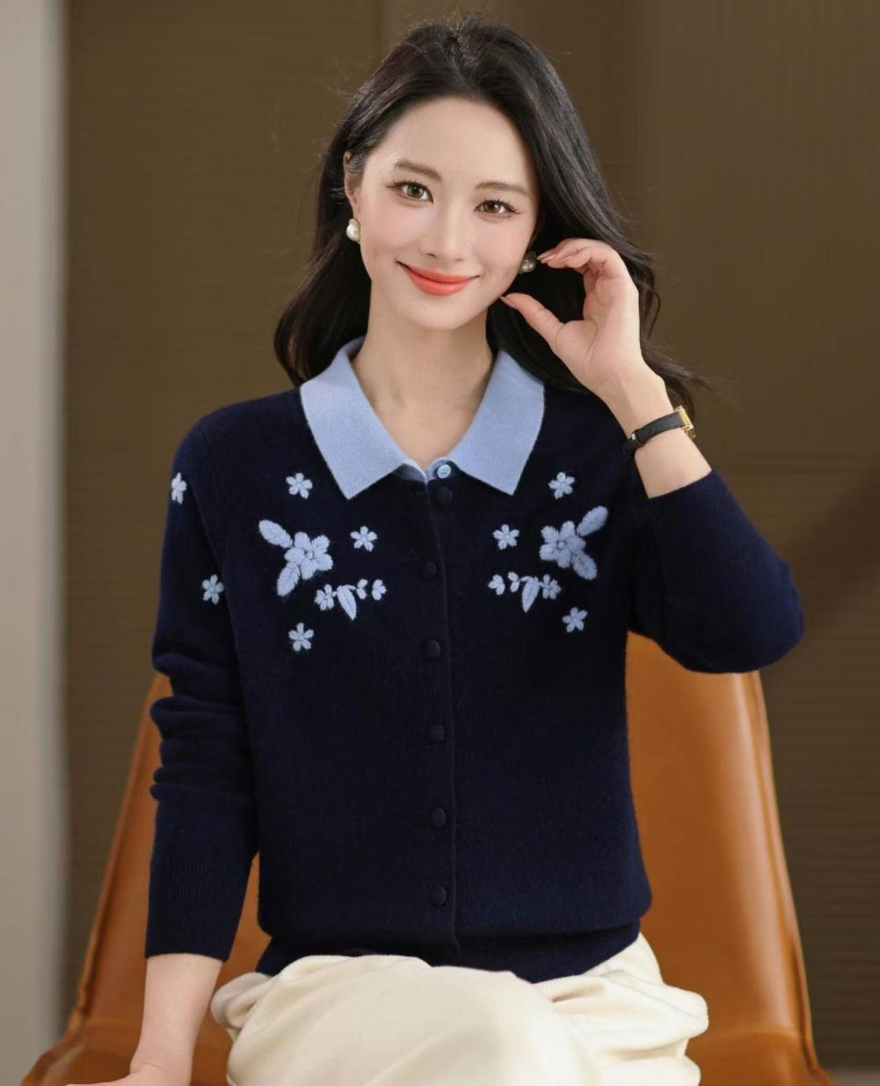 T恤额领长袖女开衫1196