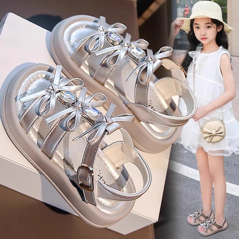 女童凉鞋2025新款优雅罗马凉鞋夏季蝴蝶结魔术贴公主鞋沙滩秋百搭