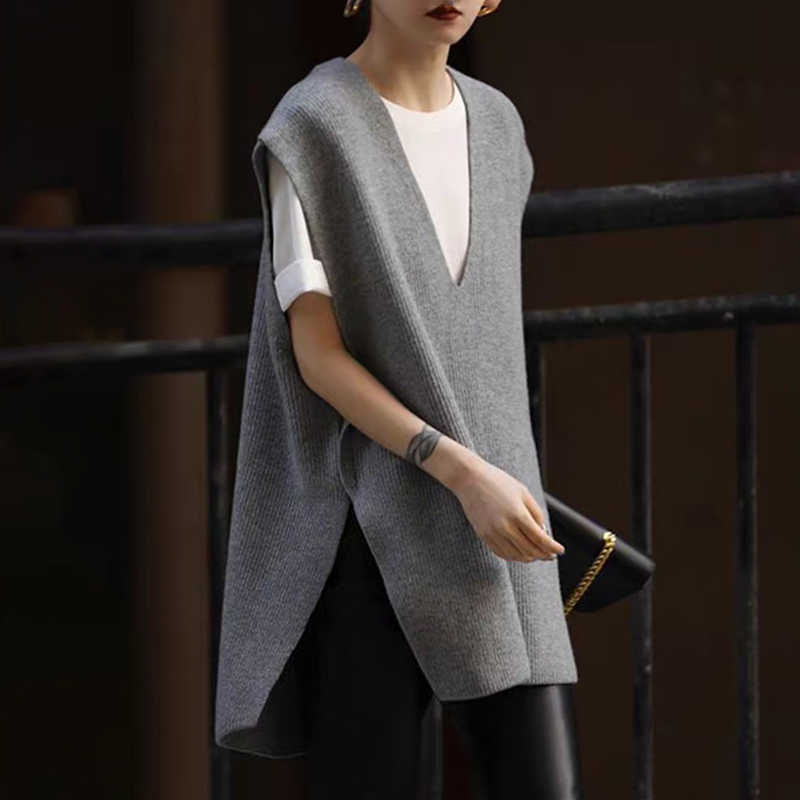 羊范港风复古无袖V领纯羊毛中长款背心叠穿别致显瘦百搭针织马甲