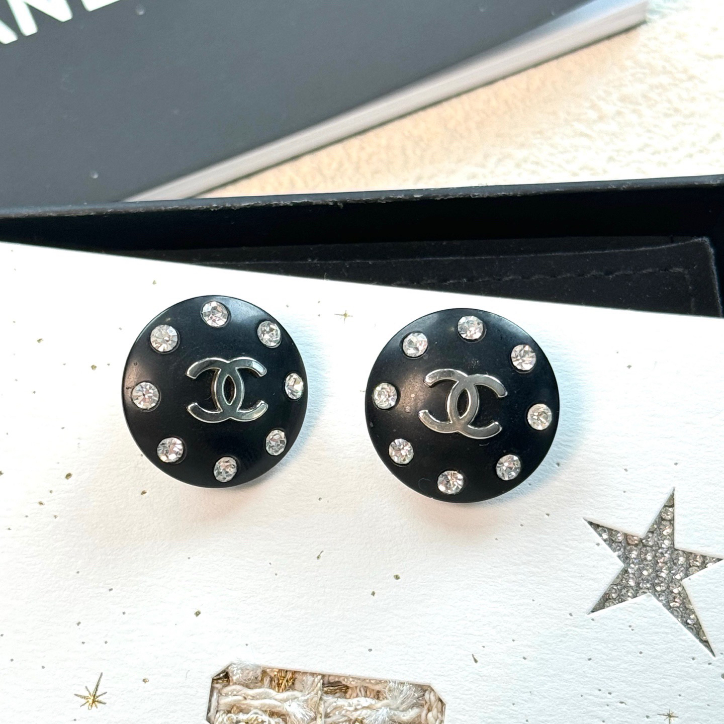 95新 Chanel/香奈儿 泡泡中古Chanel黑色水钻圆盘耳夹