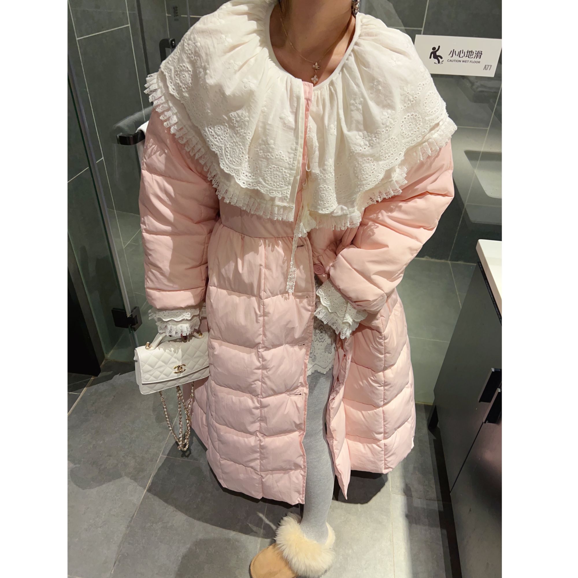 《大棉被》温柔长款棉服女高级感小众单排扣宽松遮肉棉衣外套粉色