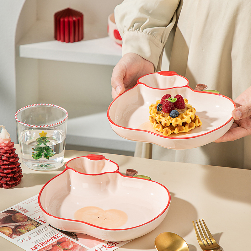 【苹苹安安】陶瓷分格餐盘带醋碟饺子盘家用早餐盘寿司盘釉下彩餐具