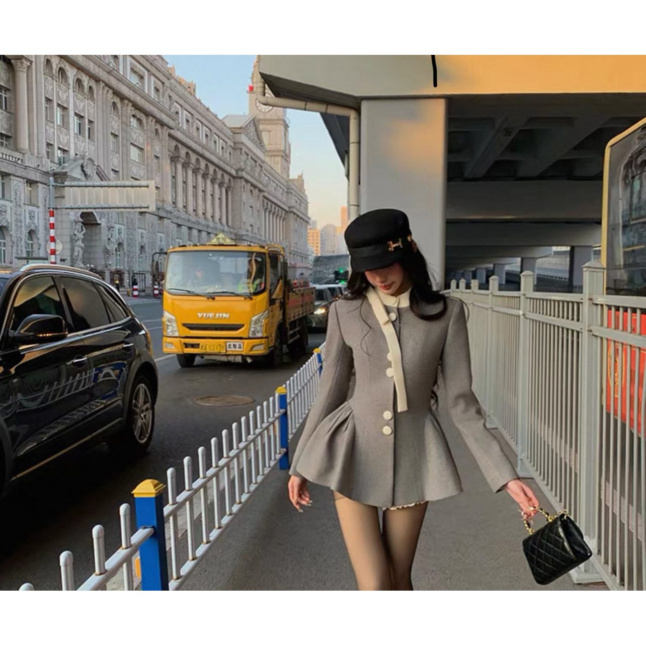 气质收腰蝴蝶结撞色外套连衣裙短裤两件套套装名媛千金高级感穿搭