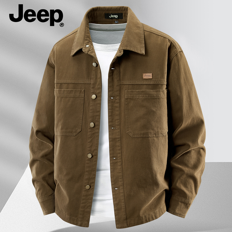 JEEP官方正品上衣免烫休闲衬衫纯棉外套男士宽松大码复古长袖衬衣