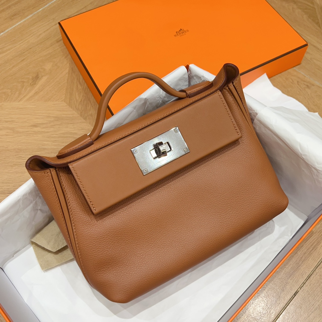 全新未使用 Hermes/爱马仕 蔚蓝/金棕银扣2424 mini斜挎包 W刻