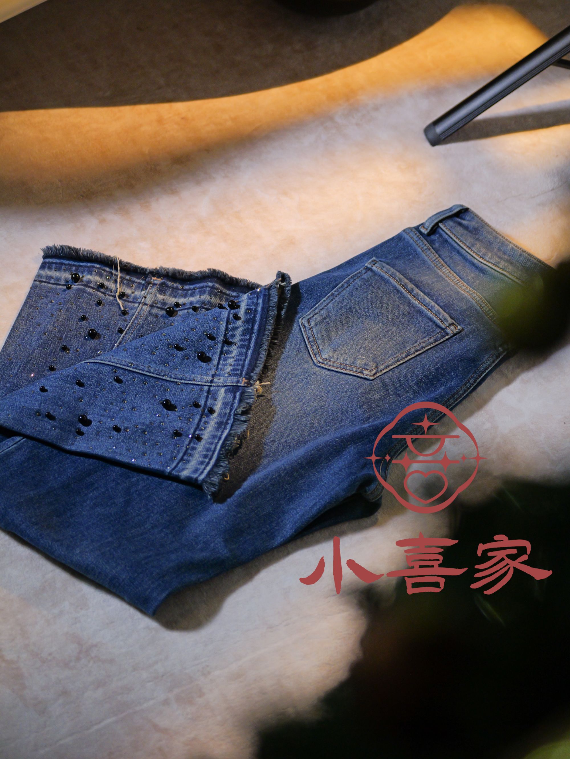 【小喜·裳欢喜】'黑豆豆'新中式百搭必备烫钻串珠阔腿牛仔裤显瘦
