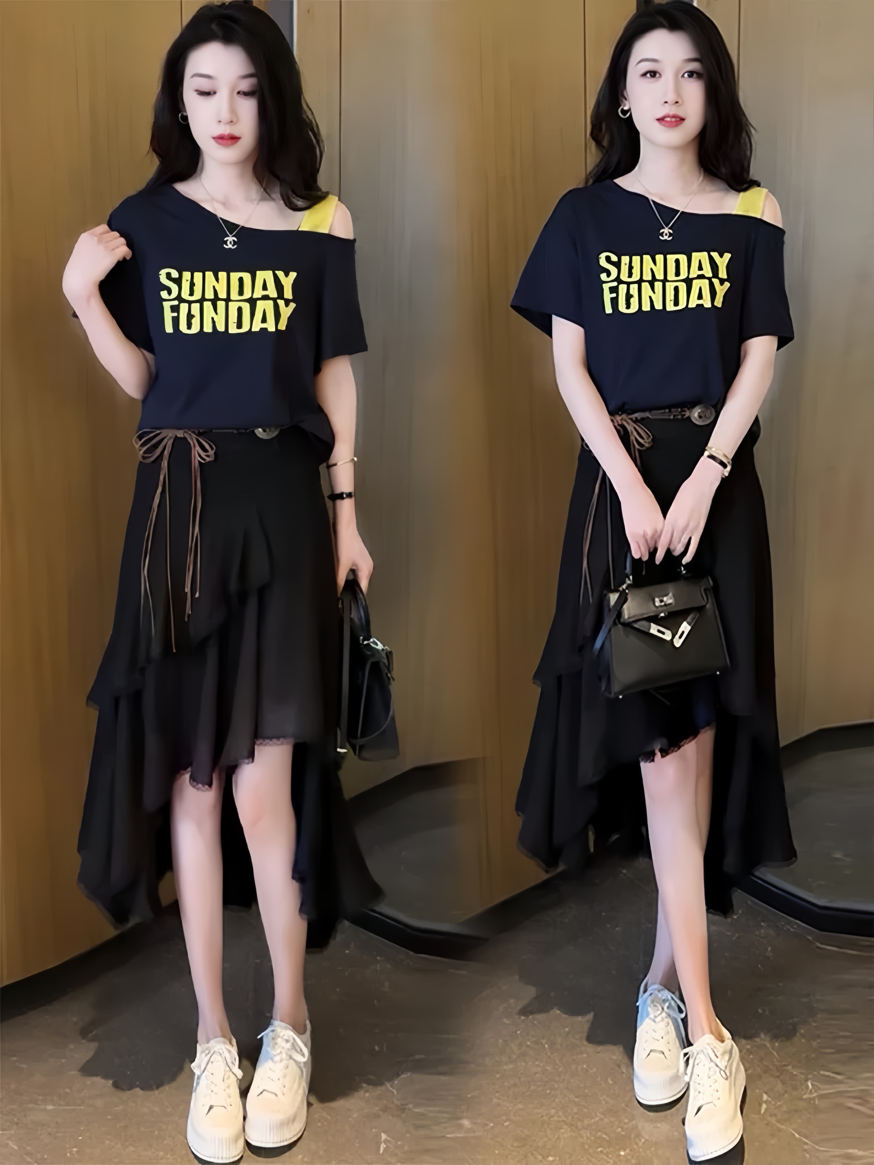 【莎莎专属】高级感气质不规则半身裙高腰荷叶边燕尾裙露肩T恤套装