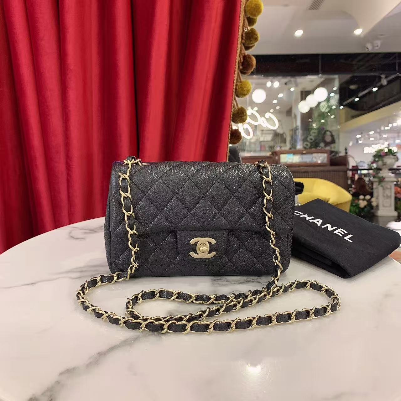 95新 Chanel/香奈儿 GGScf大mini黑金荔枝牛皮单肩包19071878