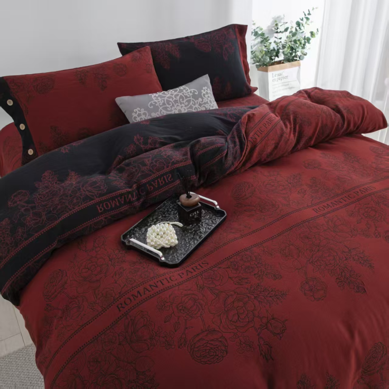 【浪漫巴黎】高级经典 安哥拉红 复古柔软透气 全棉色织双面四件套