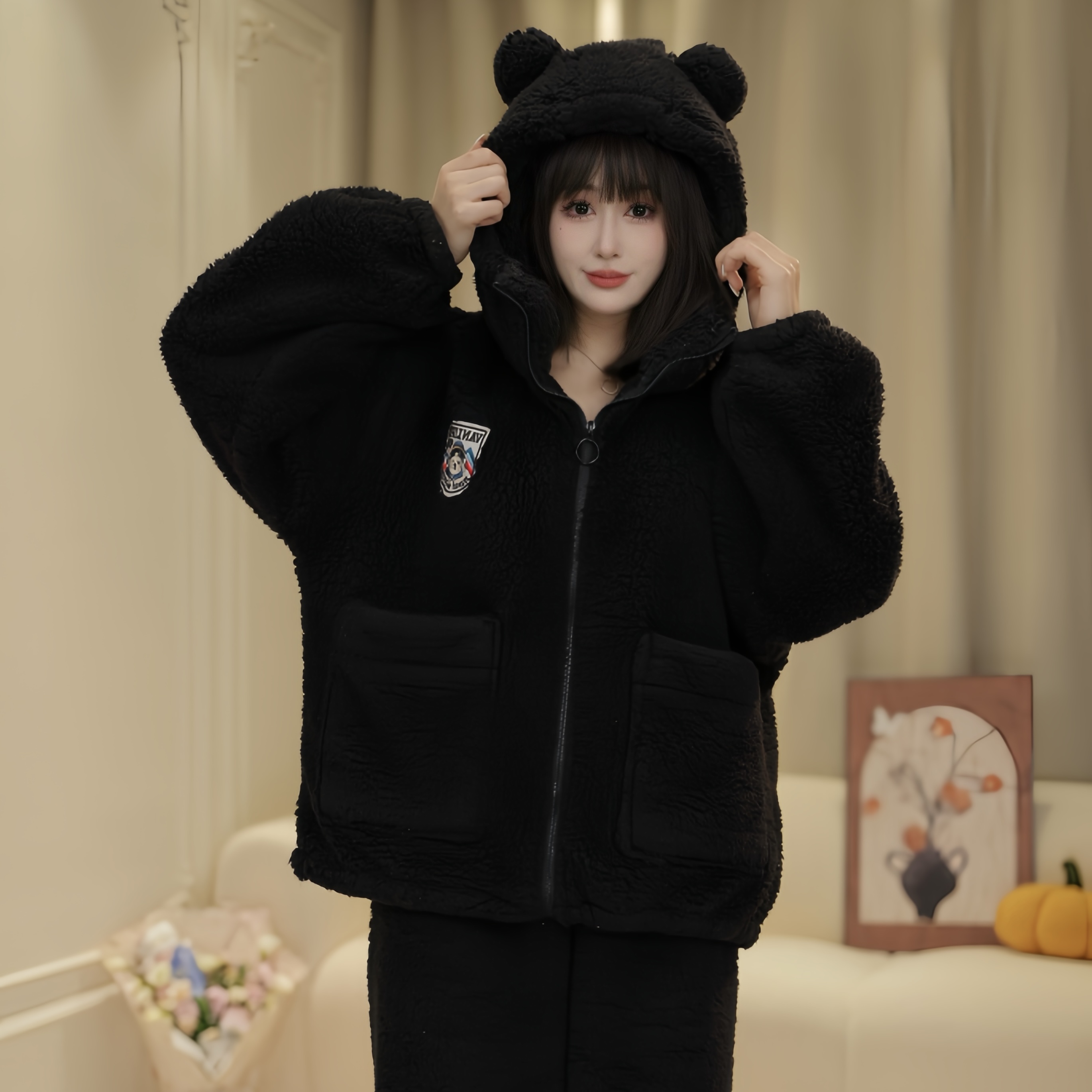 家居服套装休闲加厚情侣女冬季保暖睡衣连帽常规款