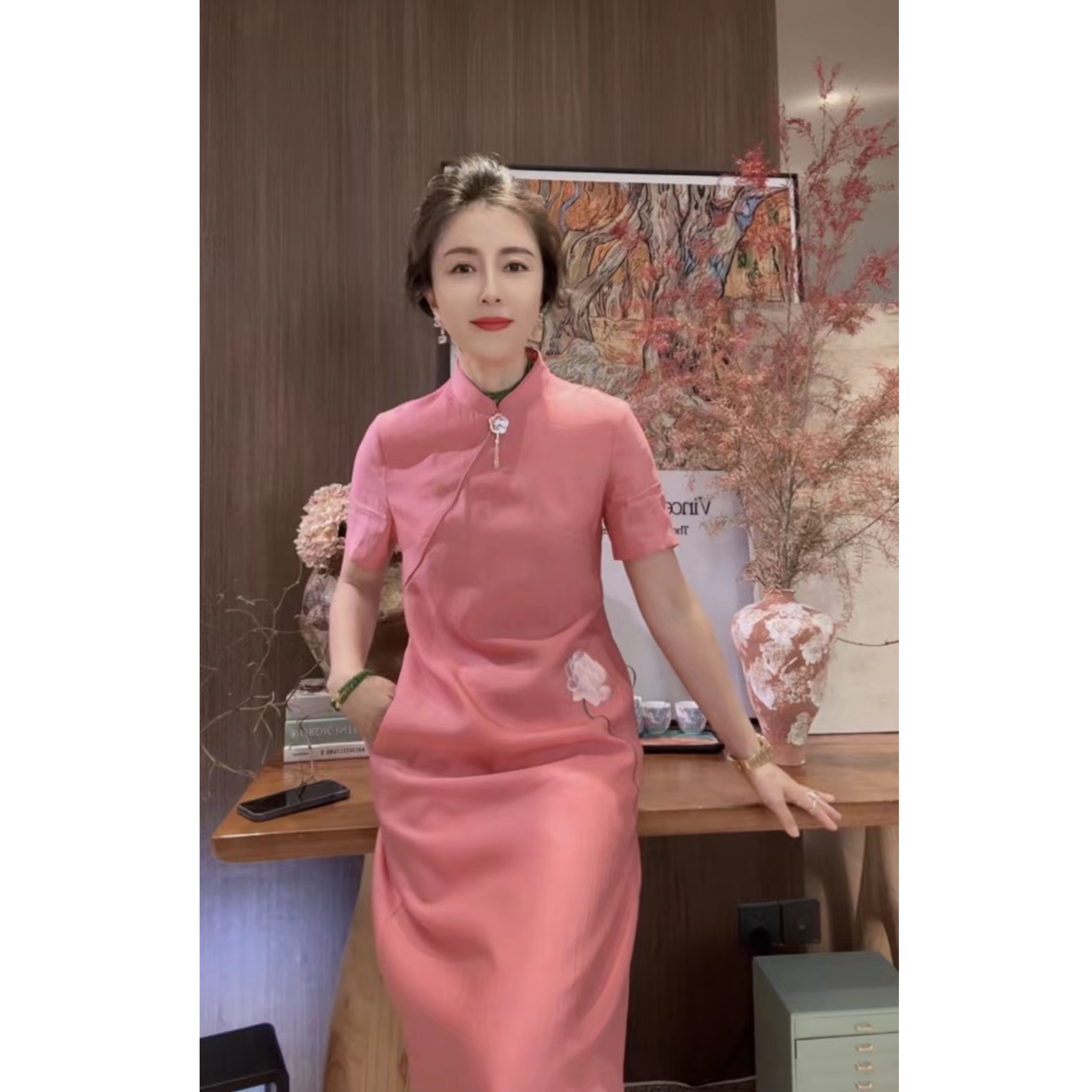 VV&AA 长桥月 新中式国风复古清新设计感中长款旗袍 D25031