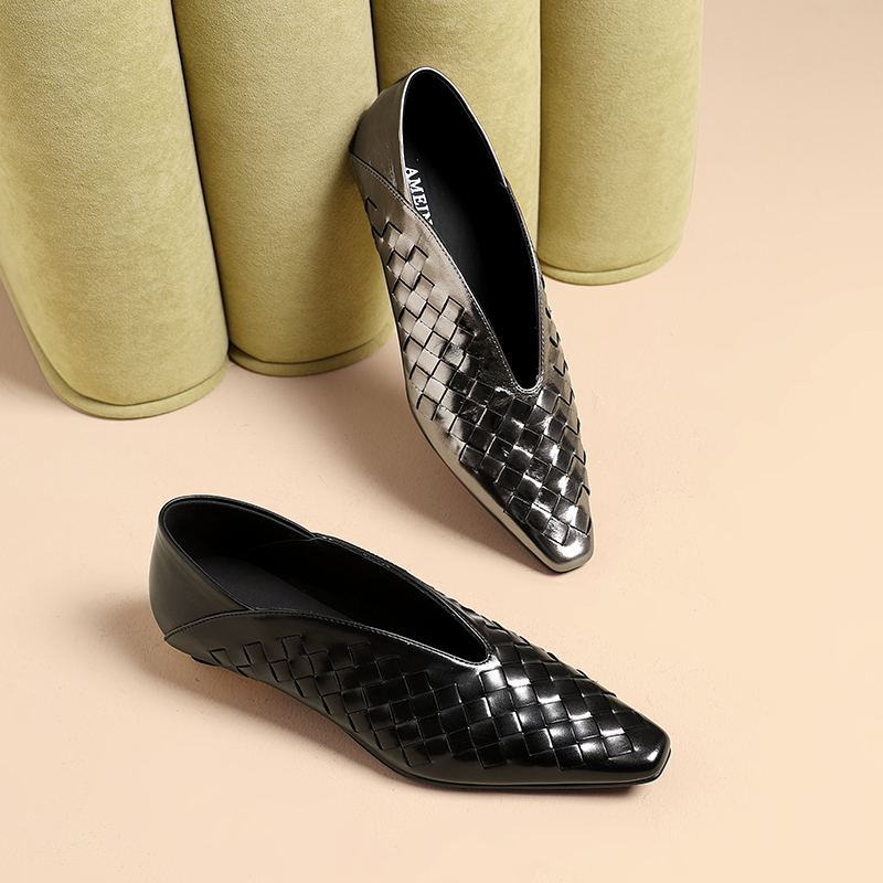 AMEINOR2025春季新款气编制风小方头气质低跟百搭深口单鞋