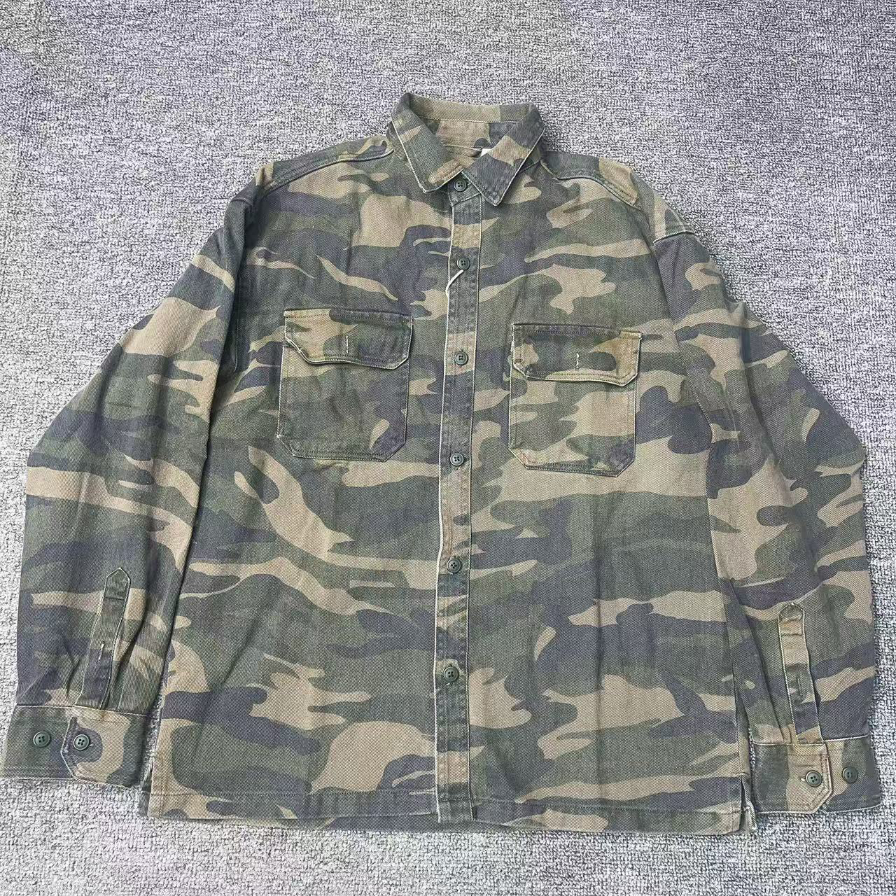 美式厚实款做旧迷彩牛仔衬衫男春秋青年复古休闲宽松衬衫外套