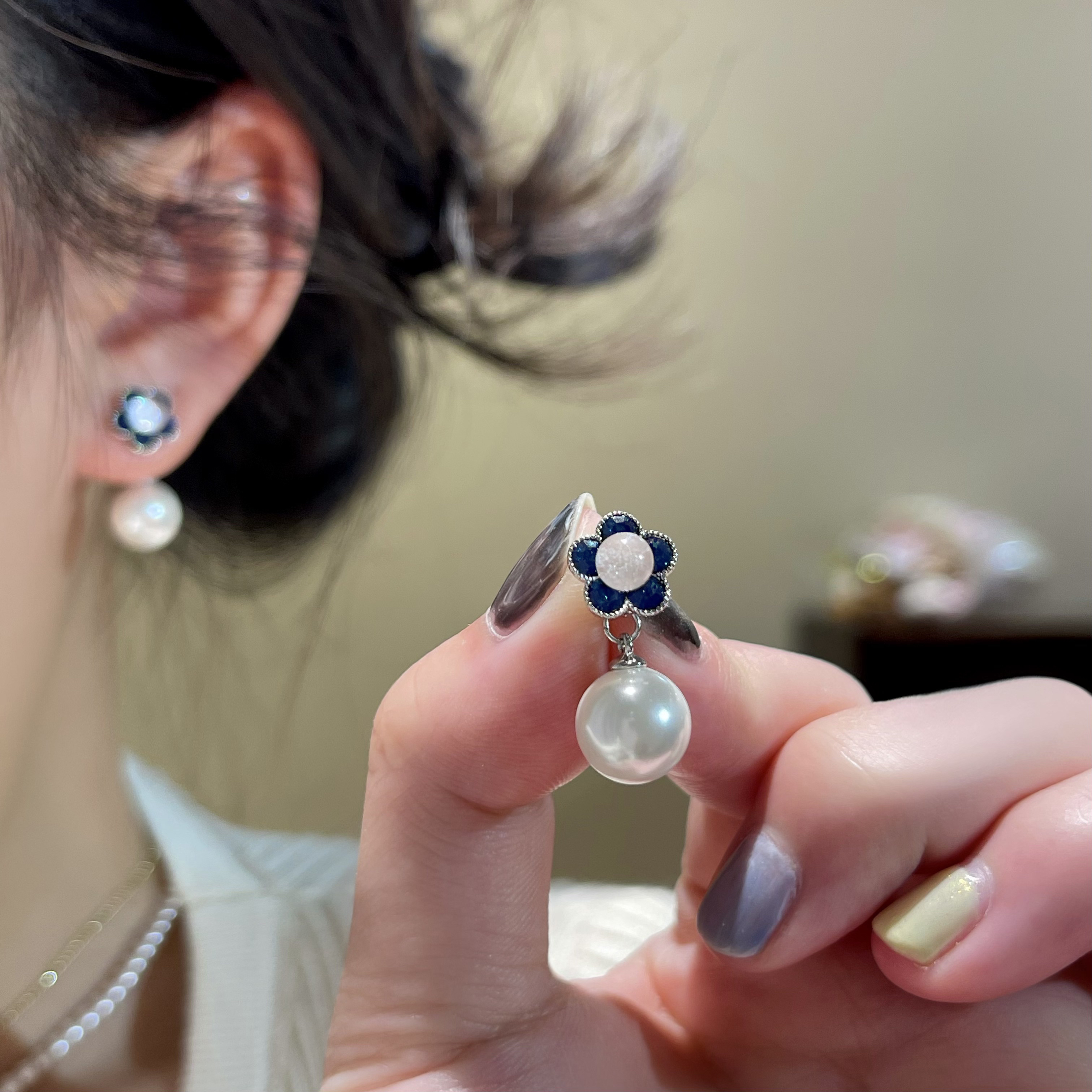 F401花朵珠珠流苏耳钉一款两戴百搭轻奢气质温柔设计