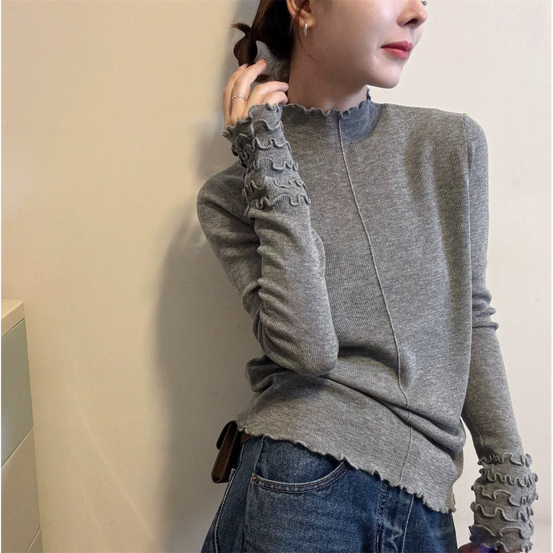 花倾慕软糯洋气木耳边立领毛衣针织衫秋冬保暖内搭打底衫女K112