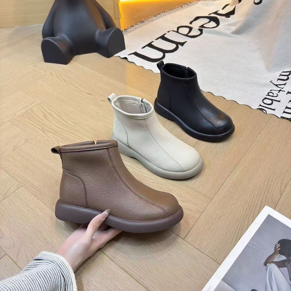 【品牌特卖】真皮马丁靴女断色处理秋冬季加绒平底百搭防滑棉靴4丰