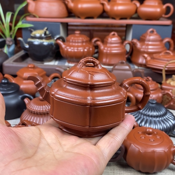 茶壶紫砂六方竹鼓150cc原矿赵庄朱泥特价