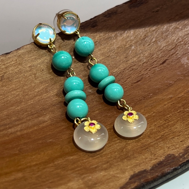 新中式绿色石头玛瑙平安扣长耳环