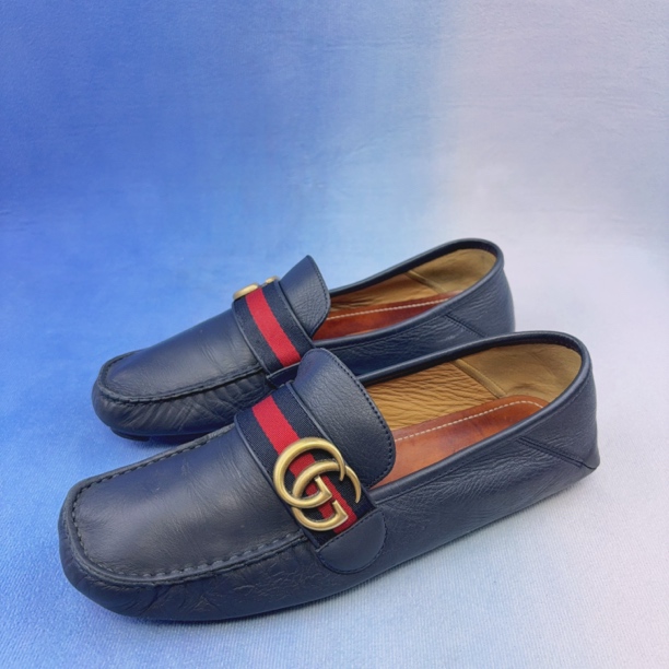 95新 GUCCI/古驰 40码/大Logo双G金属扣 藏蓝 时尚豆豆鞋乐福鞋
