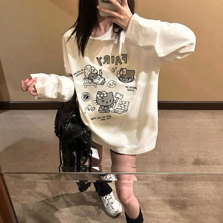 【网纹KT】H韩风重工刺绣喵圆领长袖打底衫百搭显瘦长袖衫女