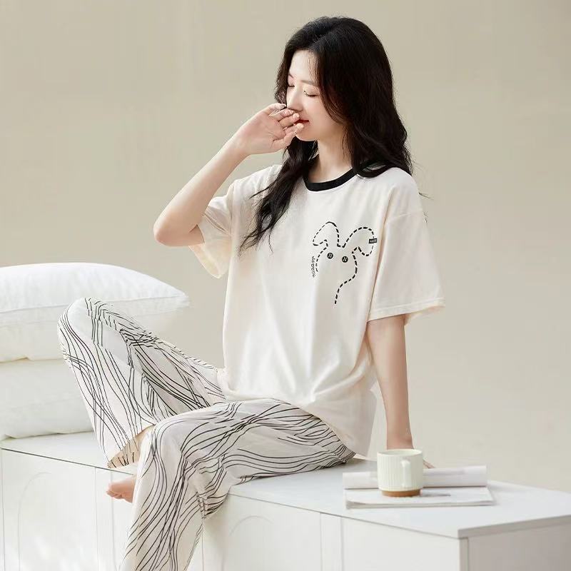 夏季新款黑线条小兔带胸垫短袖长裤套装