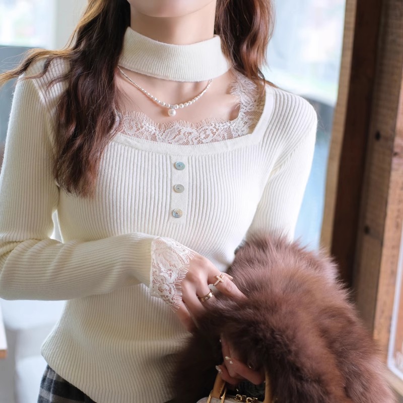 白色蕾丝挂脖针织打底衫女内搭2025秋季新款时尚毛衣外穿修身上衣