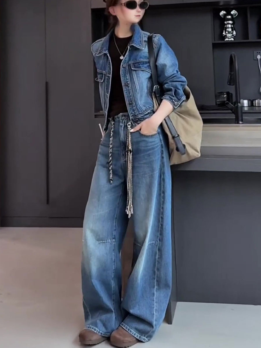 美式复古蓝色牛仔套装女2025新款POLO领短款夹克外套阔腿裤两件套