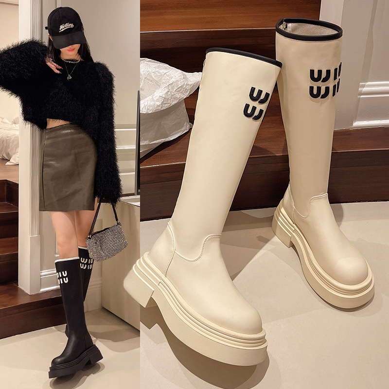 骑士靴筒靴厚底粗跟显腿瘦不过膝小个子弹力靴女2024白色新款长靴