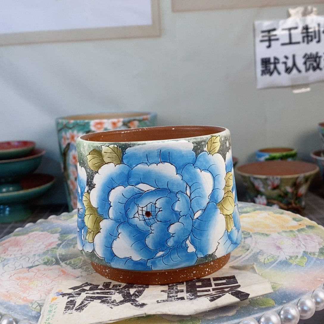 紫砂花盆红陶手绘花盆