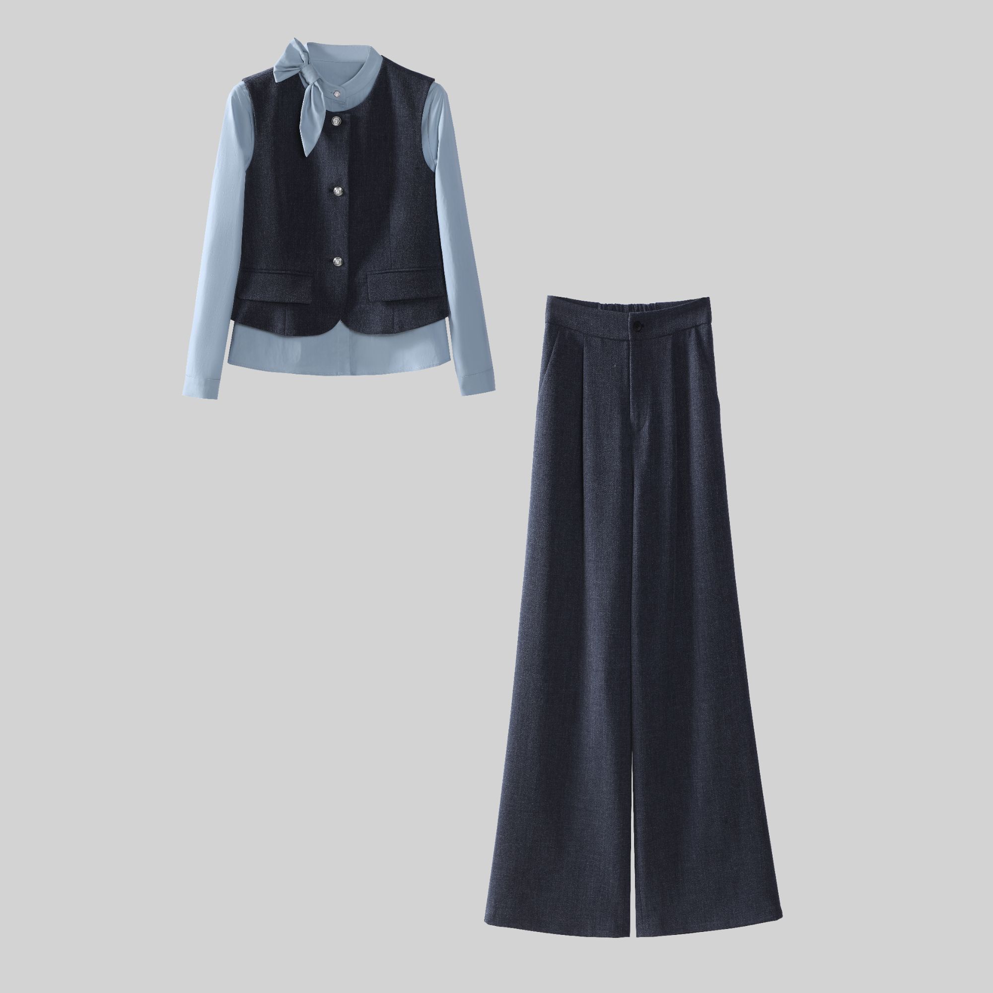 〈纪朵研〉1476藏青色马甲衬衫阔腿裤三件套装