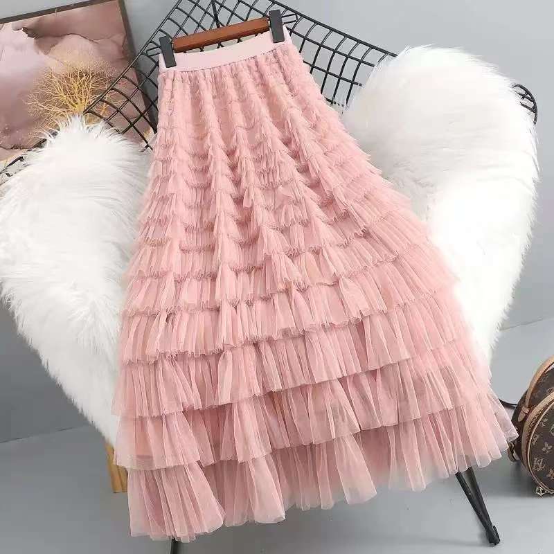 【051-100】温柔风半身裙蕾丝显瘦气质仙女裙长款网纱蛋糕裙