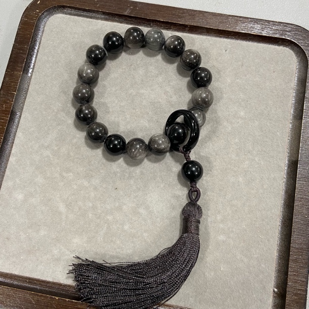 C738银曜石圆珠手串流苏款黑曜石单圈