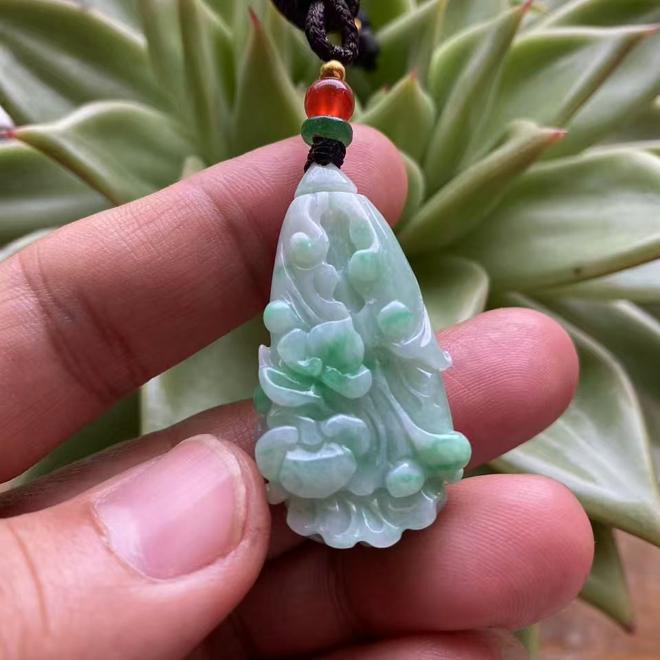 阳绿飘花白菜百财天然缅甸翡翠A货吊坠招财进宝家财万贯时尚百搭