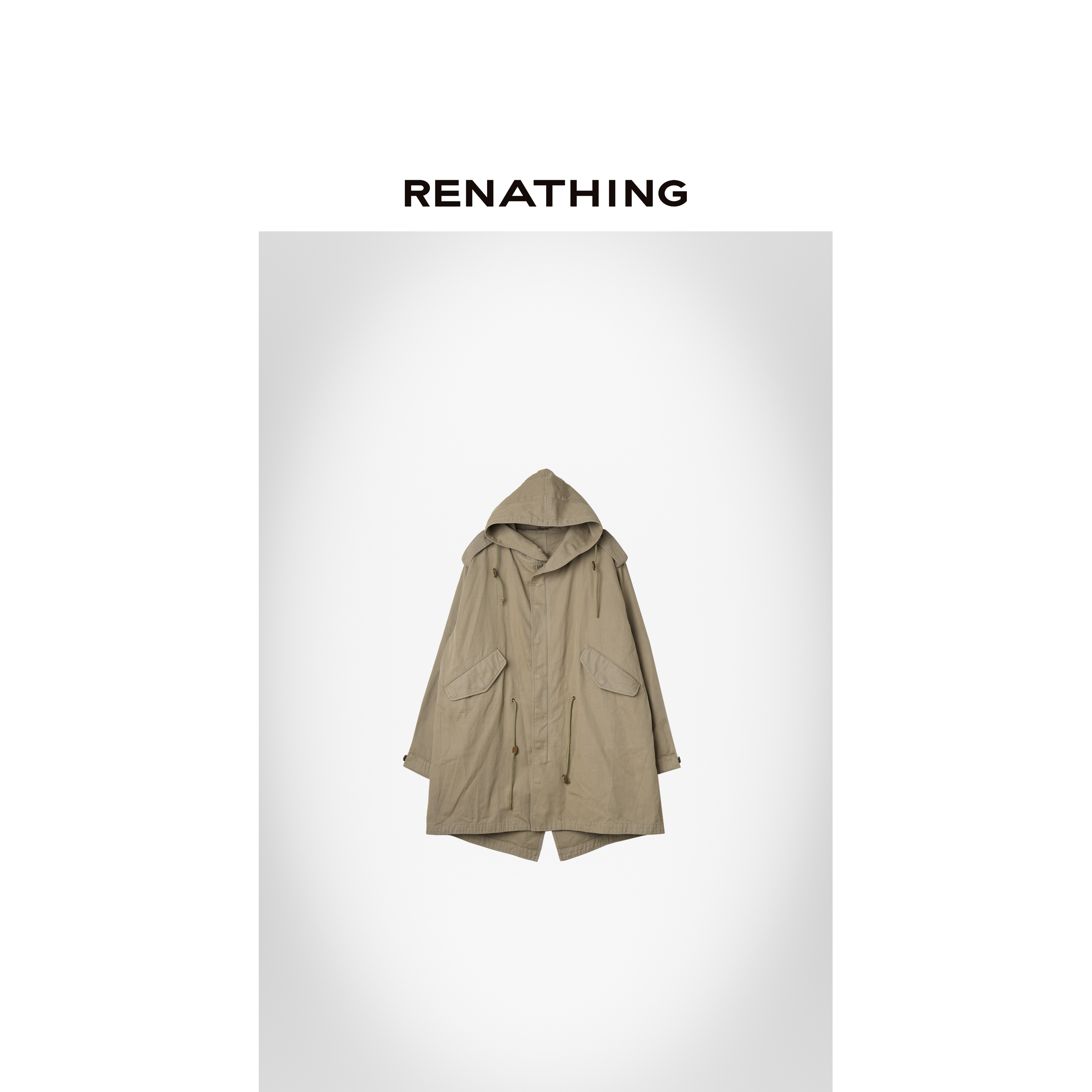 【RENATHING】深卡其鱼尾中长款连帽派克大衣
