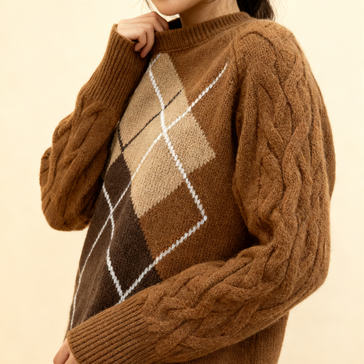 菱格图案圆领针织衫女秋季复古宽松长袖针织衫女百搭5815