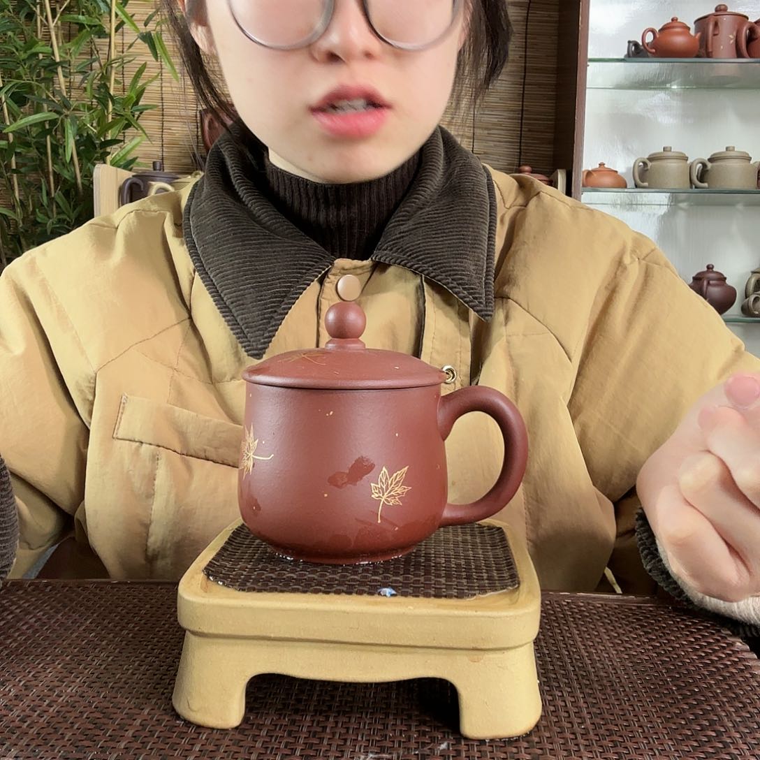 紫砂茶杯原矿共生矿紫泥枫叶小龙蛋办公杯