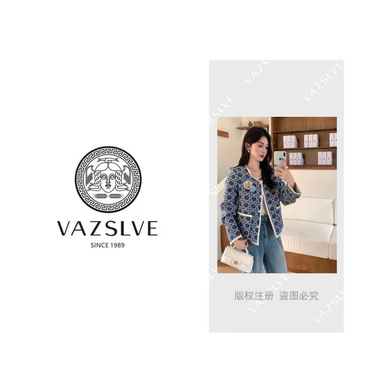 秋季新款通勤百搭圆领短款格纹胸花装饰短外套女