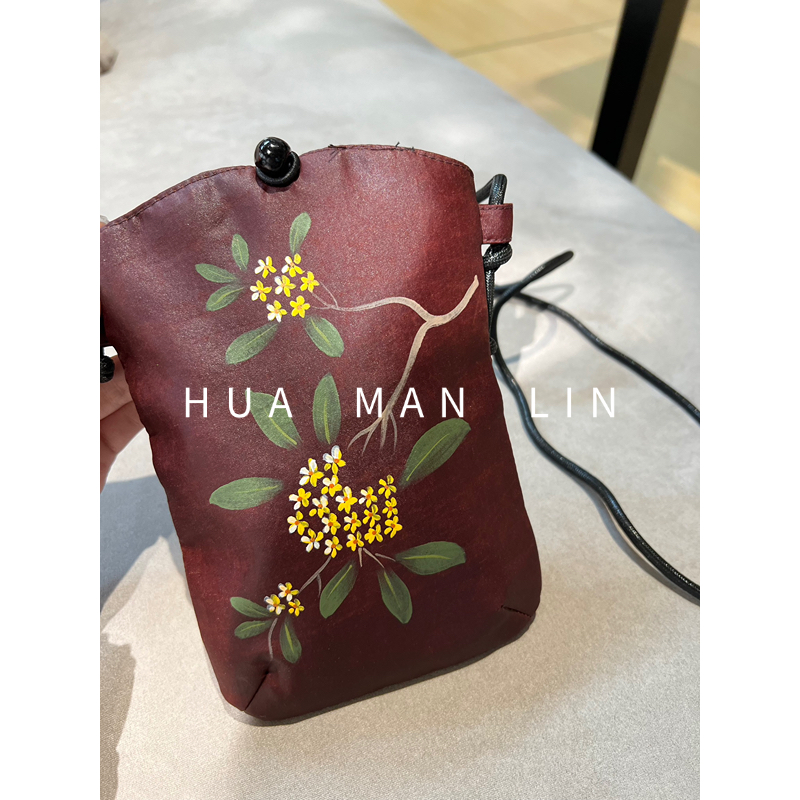 【花滿林】‘桂花’手绘花红云纱真丝桑蚕丝手机包3001